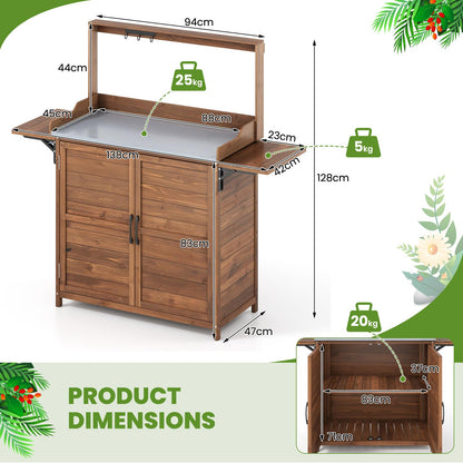 Garden Potting Table, Wooden Potting Bench with Metal-Plated Tabletop