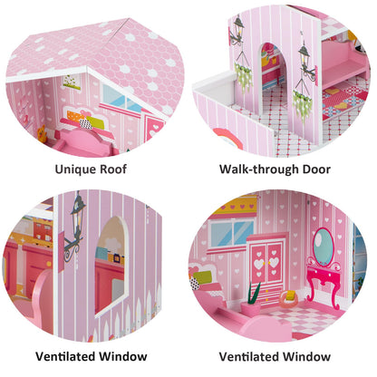 Kids Wooden Dollhouse DIY Pretend for Toddlers 3-7 Years Old