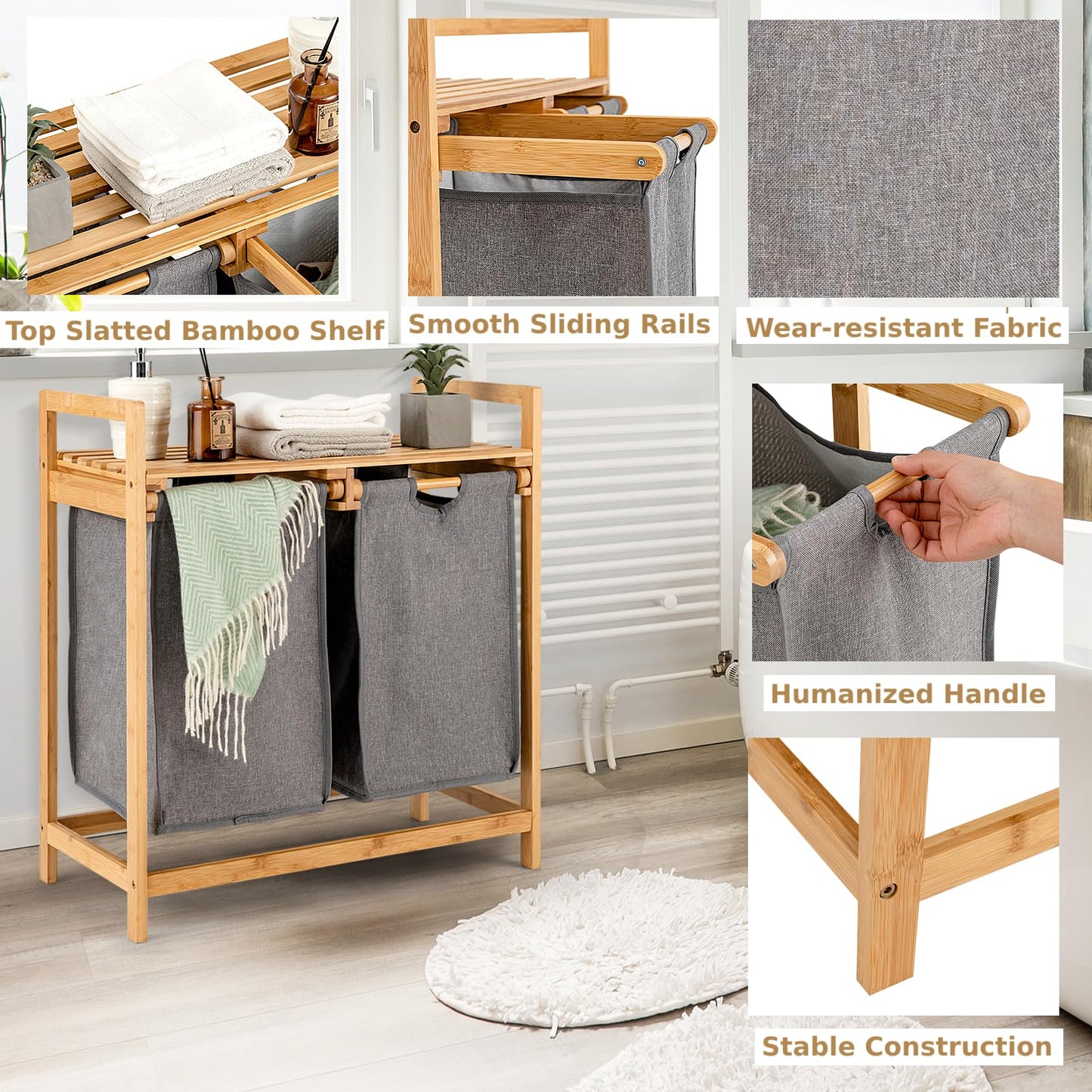 Bamboo Laundry Hamper with Dual Compartments and Removable Sliding Bags