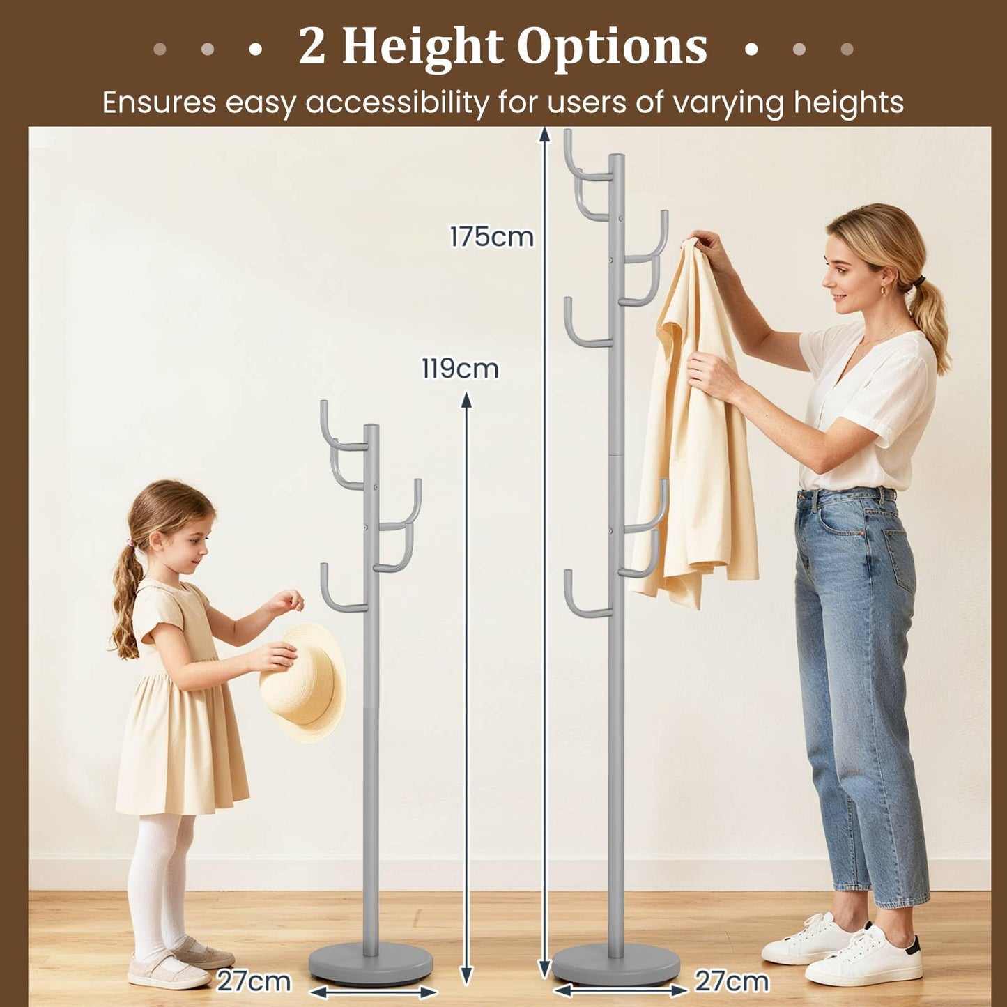 Metal Coat Rack, Freestanding Cactus Clothes Hanger with 8 L-Shaped Hooks