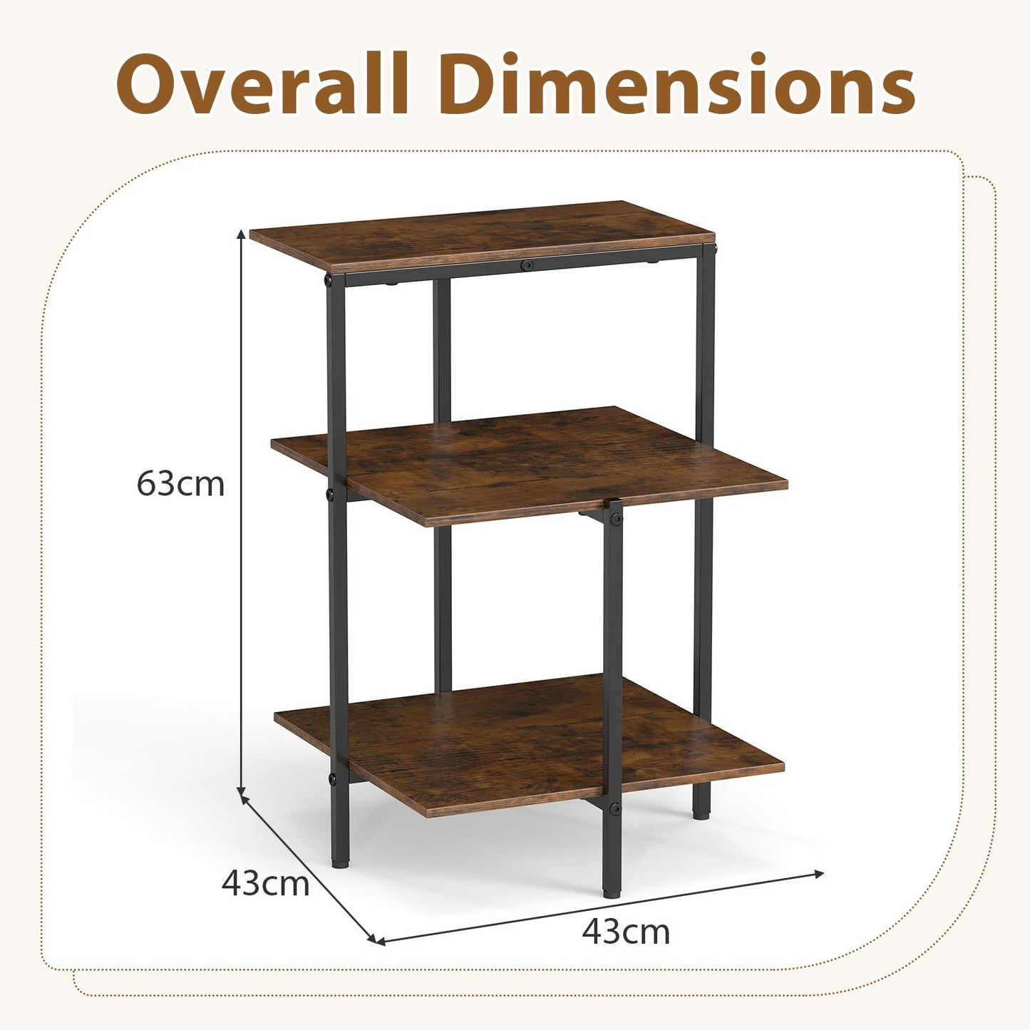 Sofa Side Table, 3-Tier Industrial Square Nightstand Bedside Table