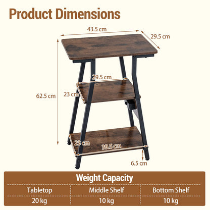 Slim Side Table with Charging Station, 3-Tier Industrial Narrow Bedside Table Nightstand