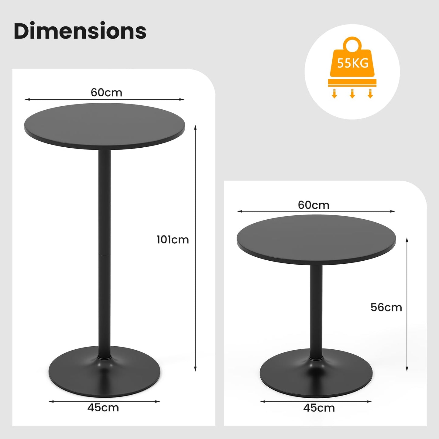 2-in-1 Bar Table Set of 2 with Detachable Pole & Metal Base