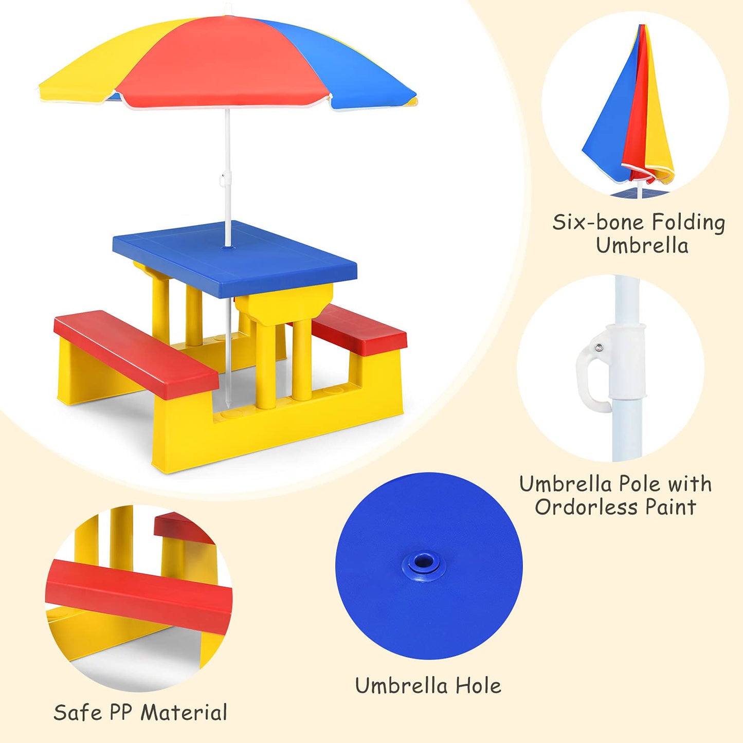 Kids Picnic Table with Removable Umbrella for Girls Boys