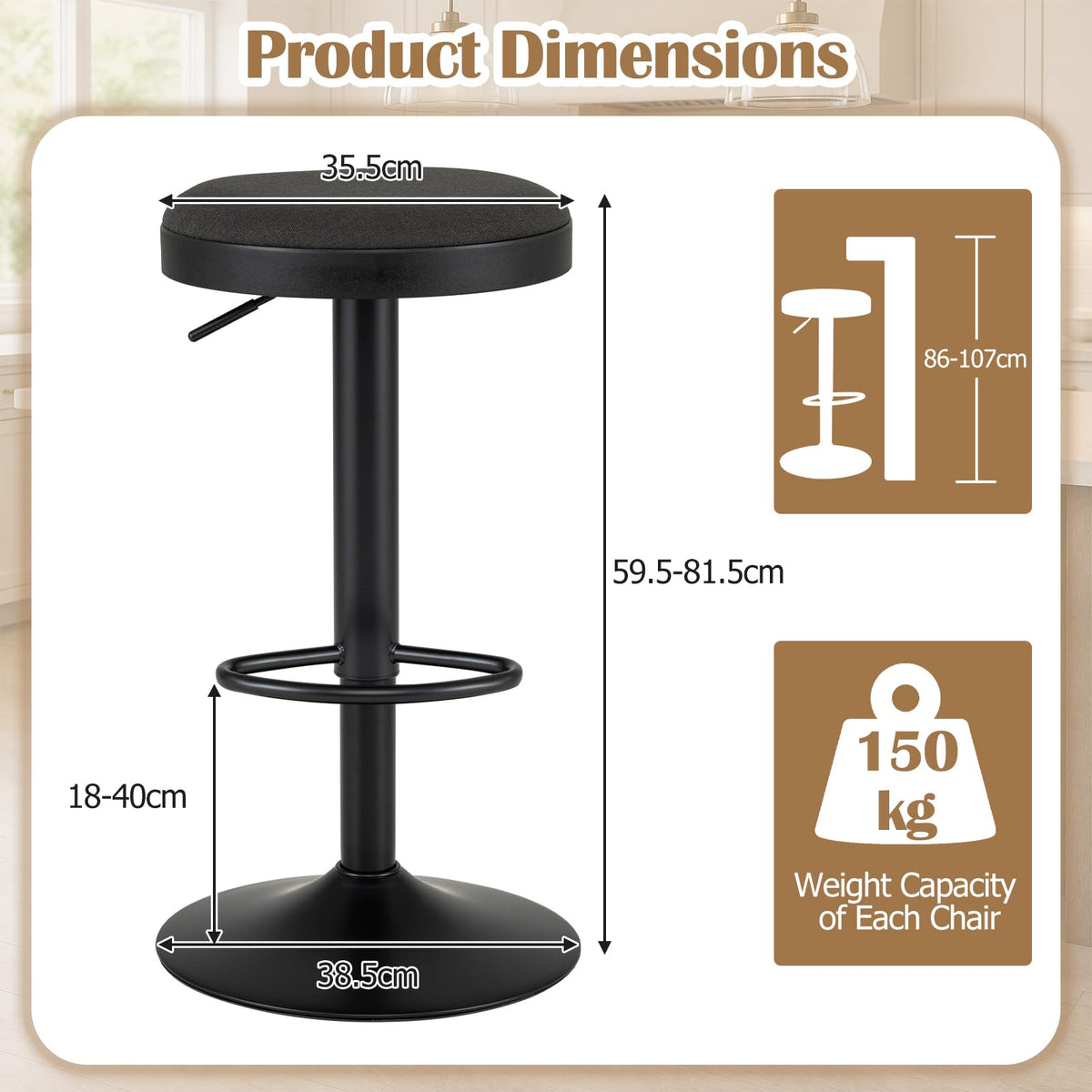 Bar Stools Set of 1 with Fabric Padded Seat & Adjustable Height