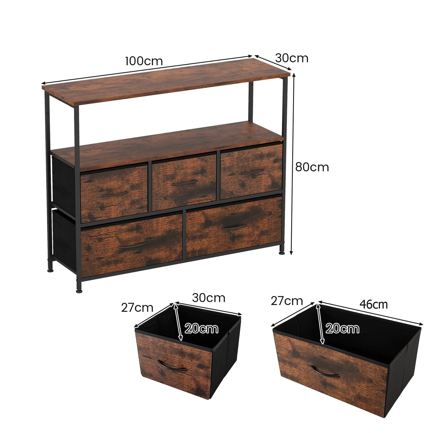 Chest of Drawers, Fabric 5-Drawer Dresser Chest Cabinet with 2 Wooden Open Shelves