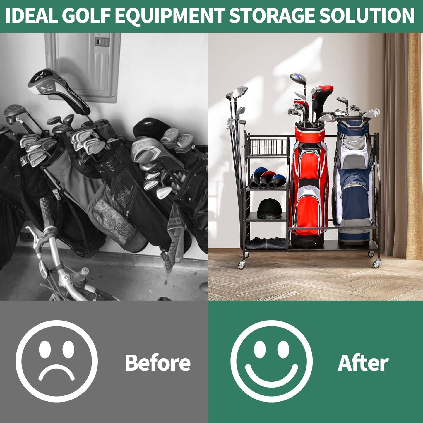 Double Golf Bag Storage Rack for Garage with Lockable Universal Wheels