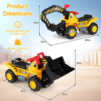 3-in-1 Ride on Excavator Bulldozer, Kids Foot-to-Floor Push Car