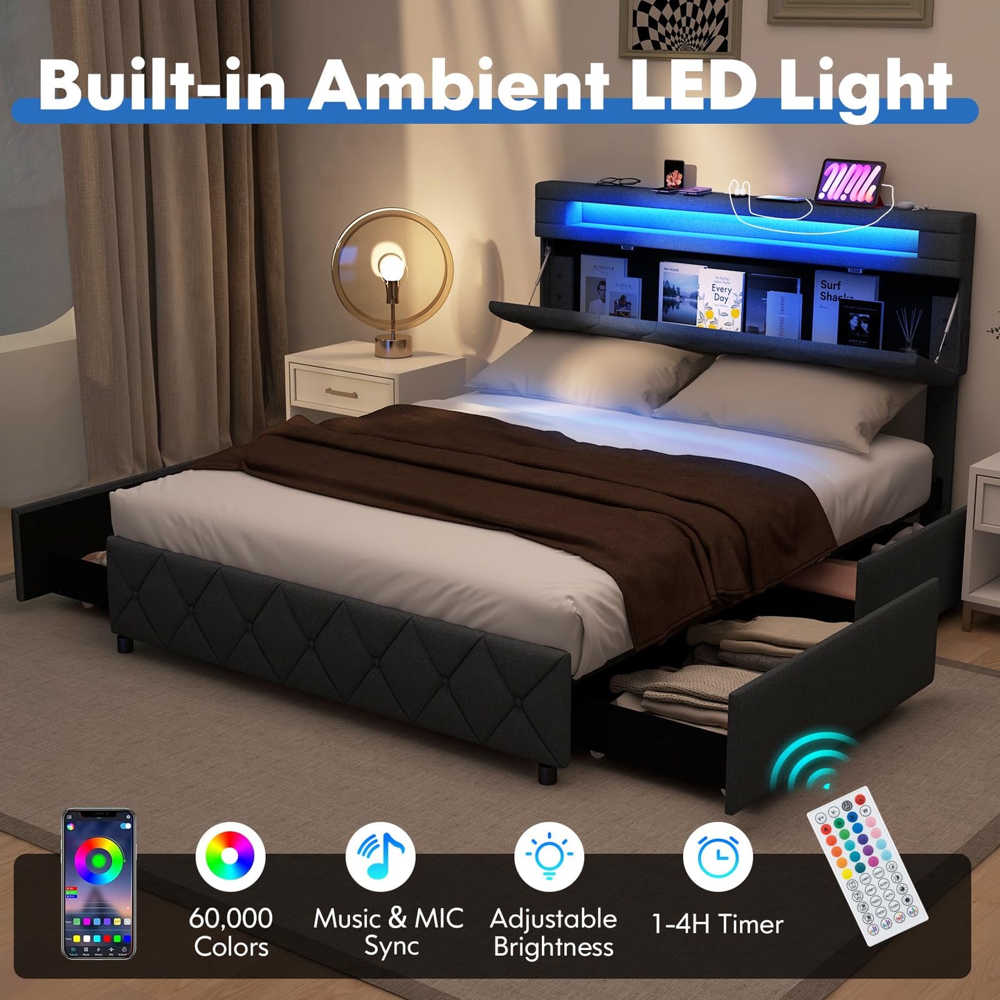 Modern Upholstered Bed Frame with Led Lights and Charging Station