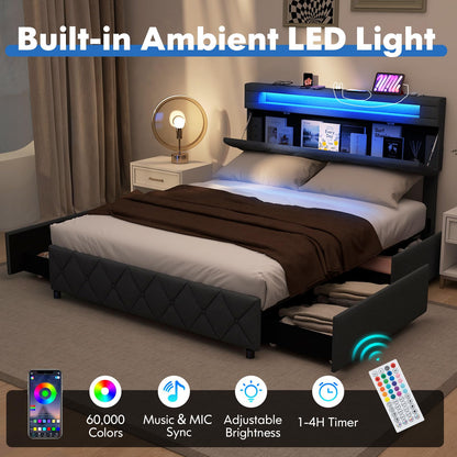 Modern Upholstered Bed Frame with Led Lights and Charging Station