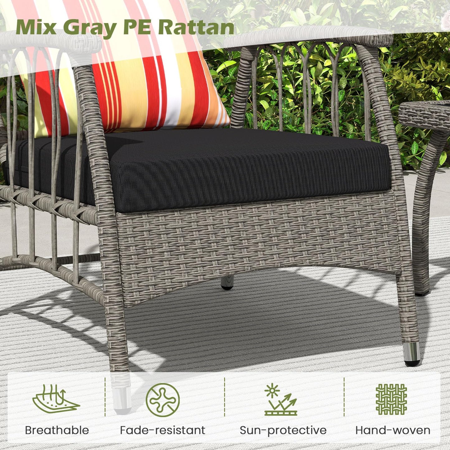 3 Pieces Patio PE Wicker Furniture Set with 5-Level Adjustable Backrest