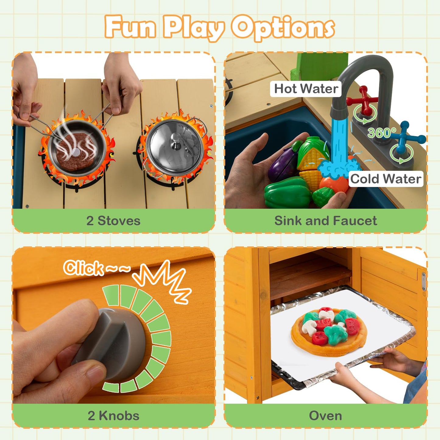 Wooden Kids Toy Kitchen with Realistic Stoves