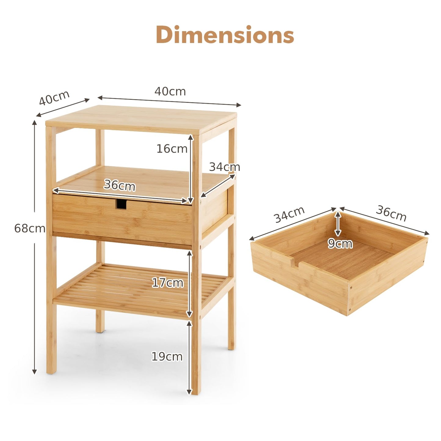 Set of 2 Multipurpose Bamboo Nightstand with Storage Drawer and Slatted Shelf