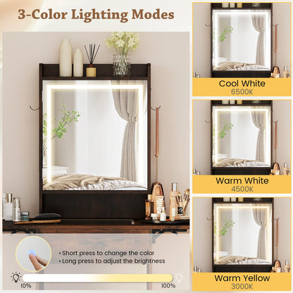 Small Dressing Table with 3-Color LED Lights Mirror and Stool