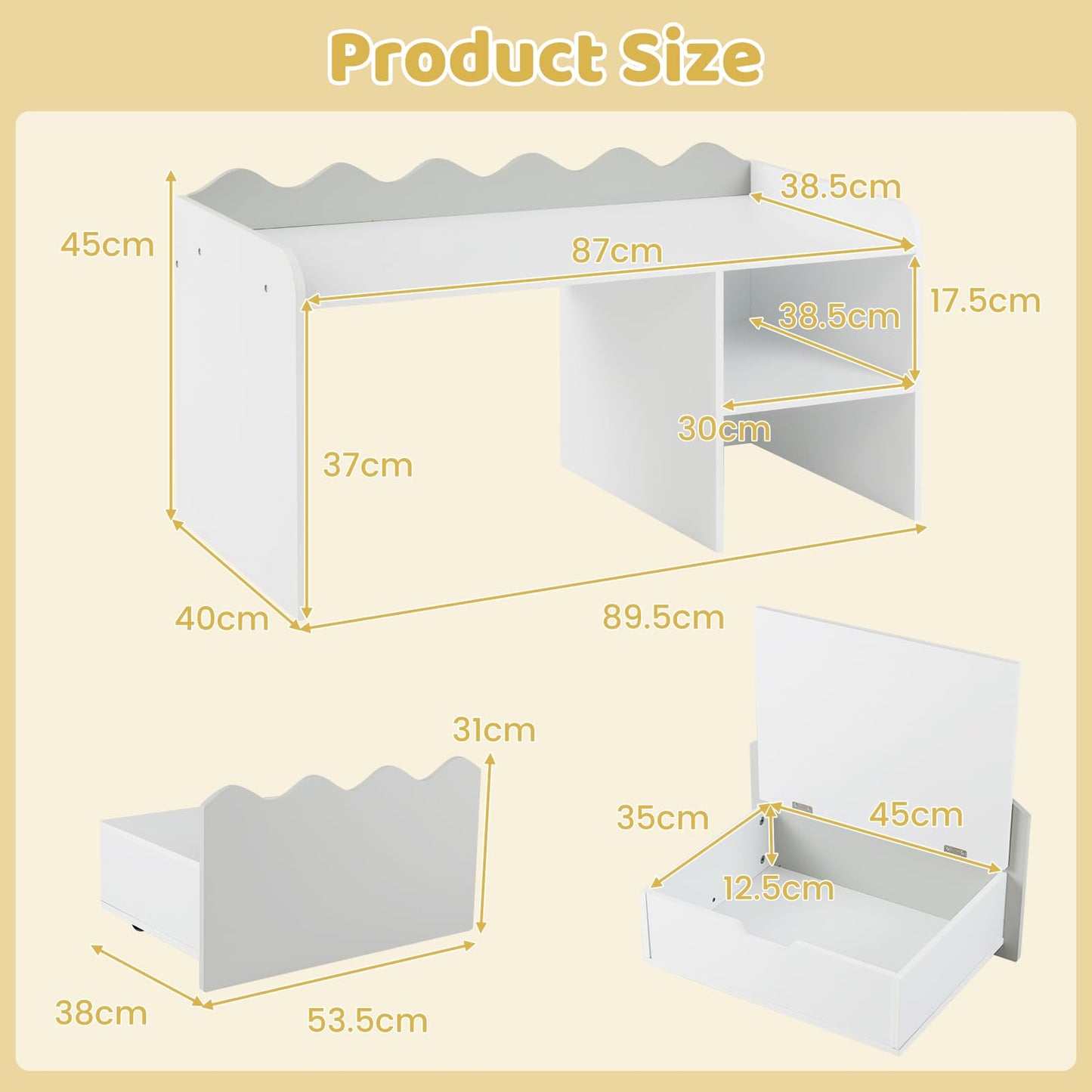 Scalloped Kids Bookshelf with Movable Drawer and Anti-Toppling Kit for Playroom