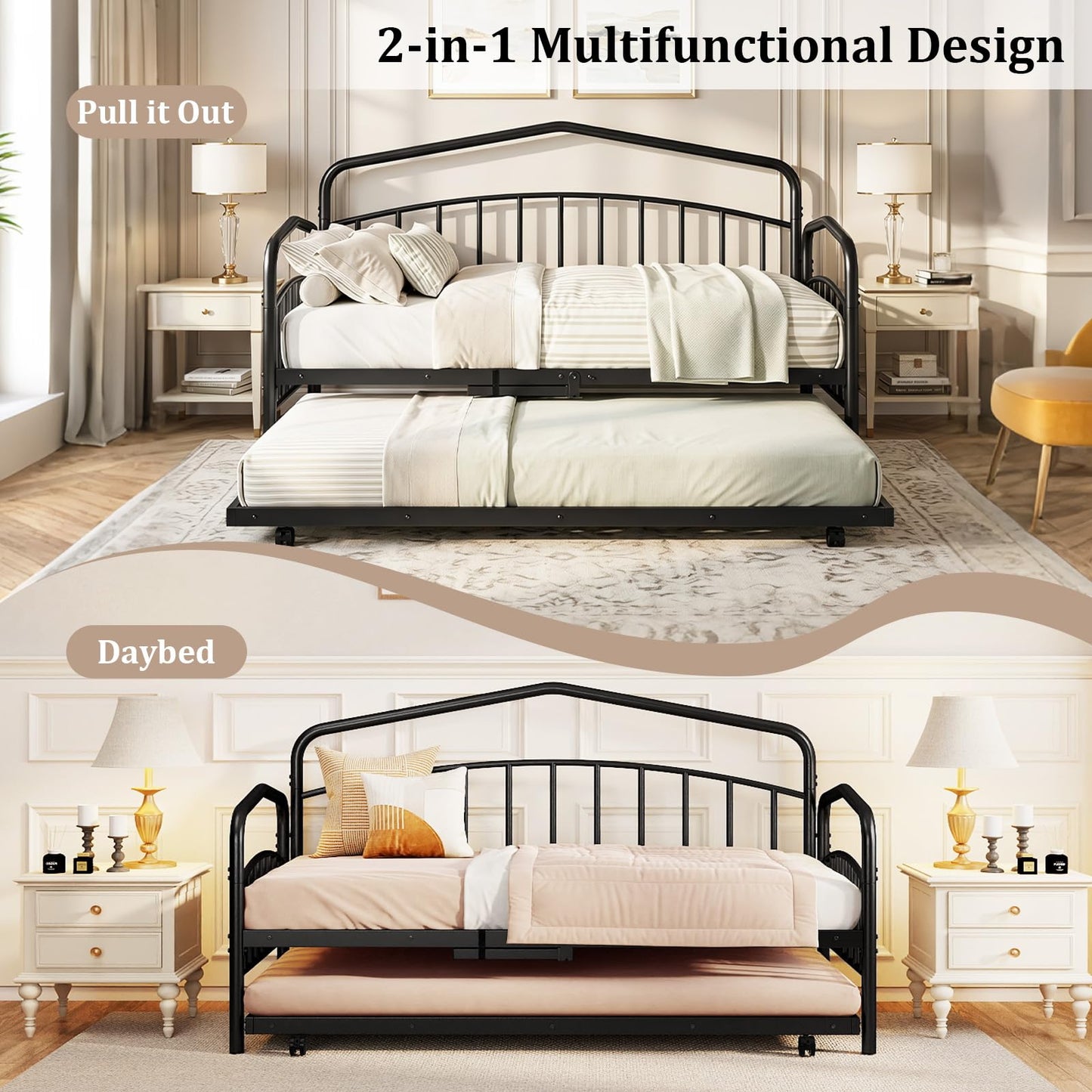 Metal Day Bed with Trundle, Single Bed Frame with Headboard