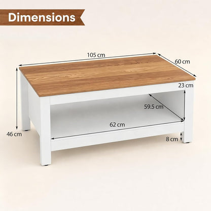 2-Tier Coffee Table with Open Storage Shelf, White+Natural