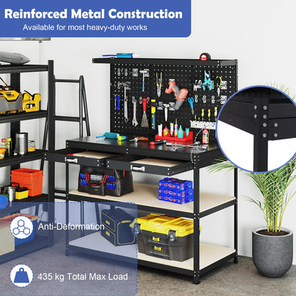 121x61x156cm Metal Workbench with Pegboard with 2 Drawers & 24 Hanging Accessories