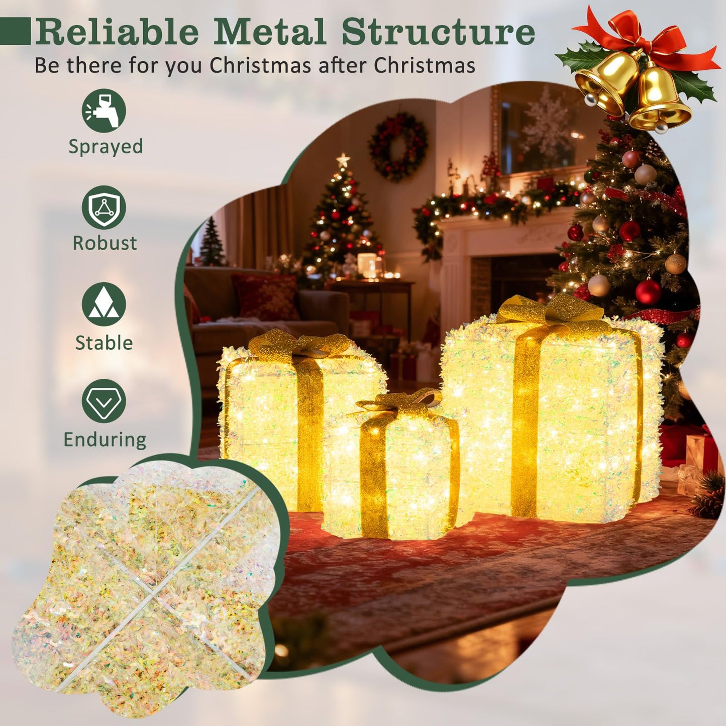 Set of 3 Christmas Lighted Gift Boxes Pre-Lit with Warm White LED Lights