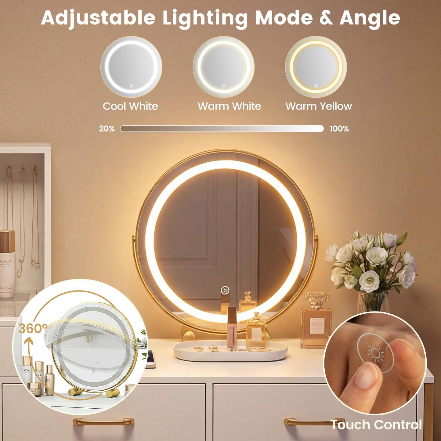 Dressing Table with 3-Color LED Lights Swivel Mirror and Stool