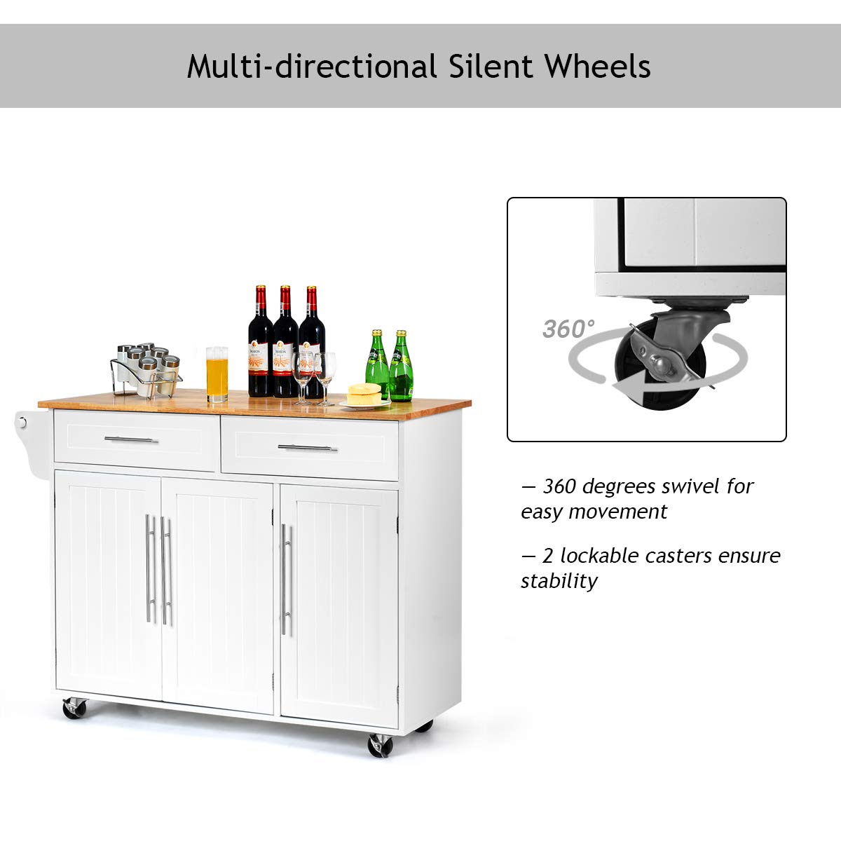 Kitchen Island Trolley Wood Top Rolling Cart with Knife Block