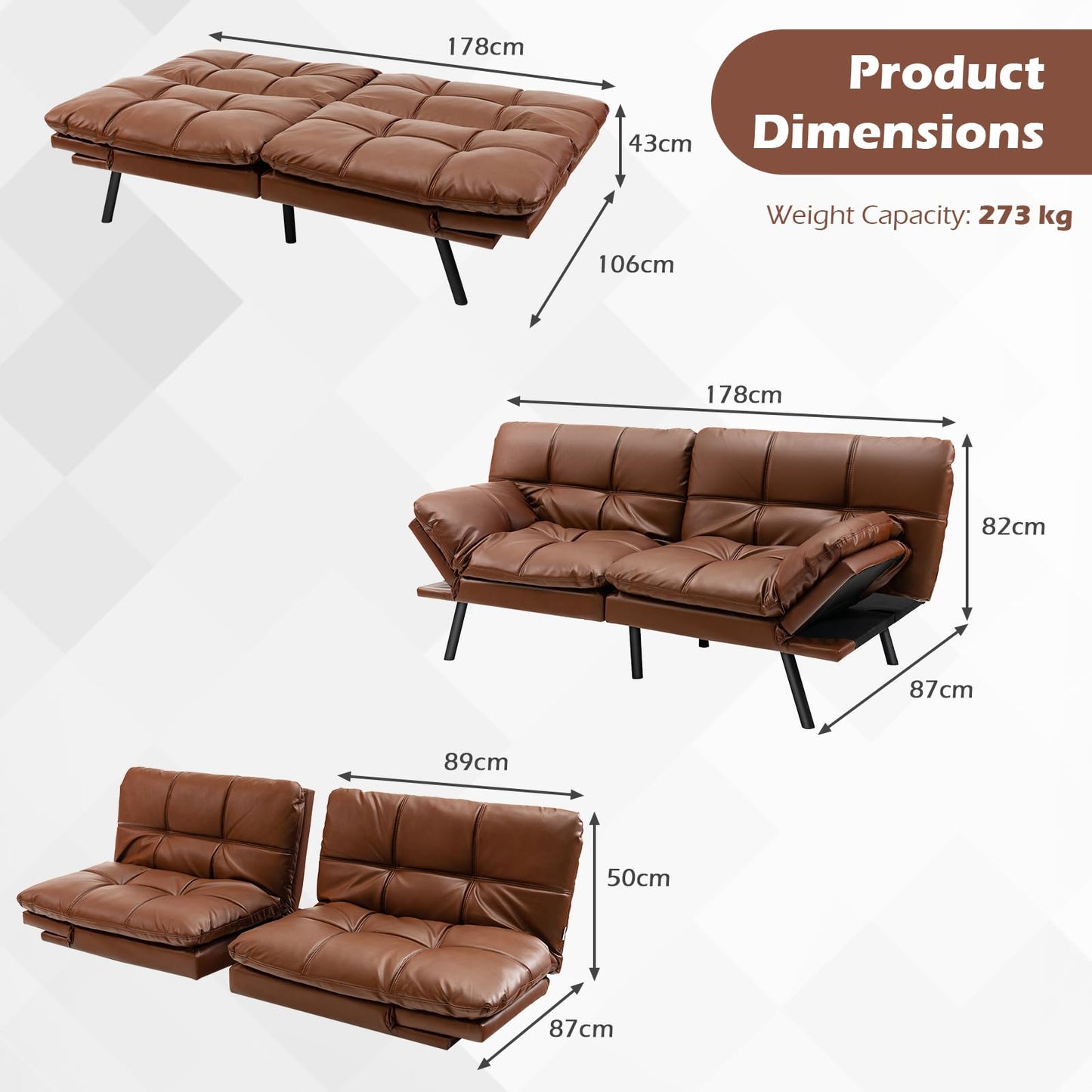 2 Seater Convertible Sofa Bed with Reclining Backrest