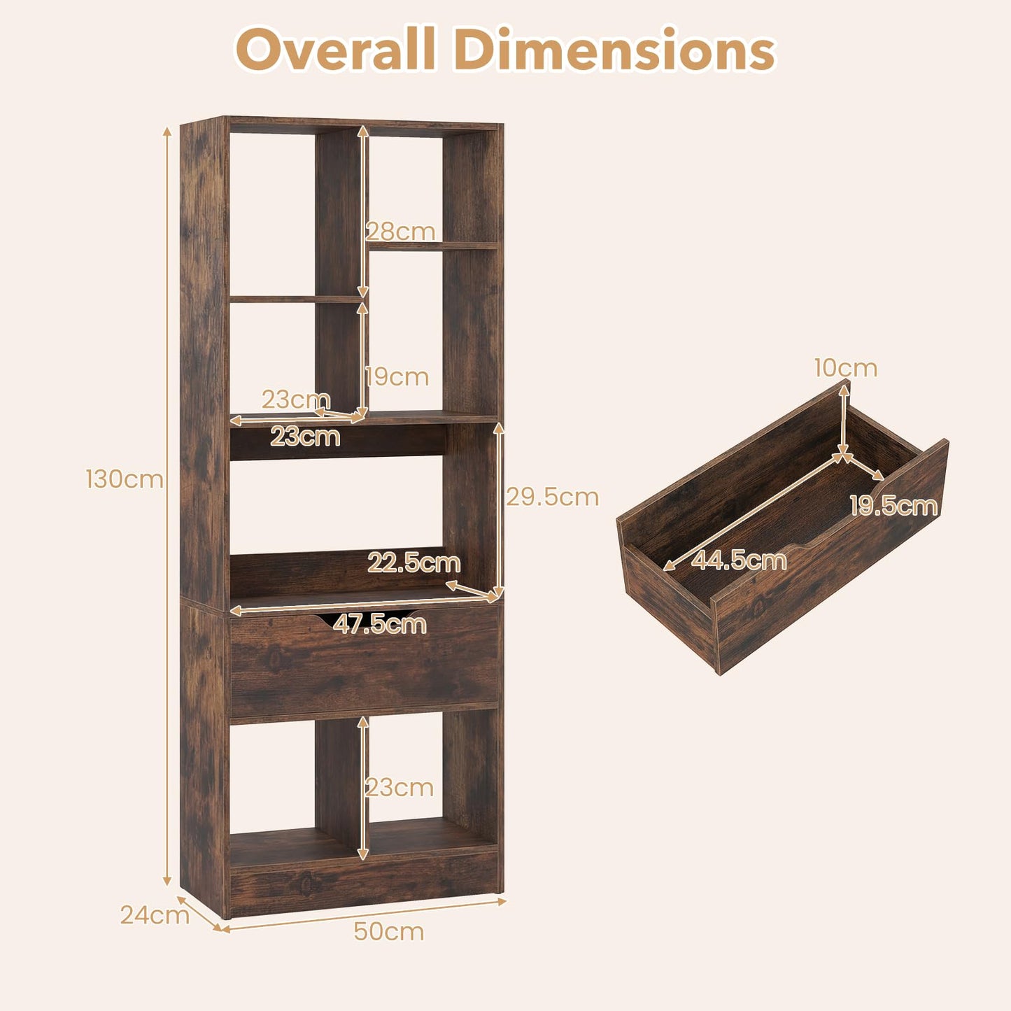 Tall Bookcase with Drawer, Floor Display Rack Storage Organizer for Living Room, Study, Home Office