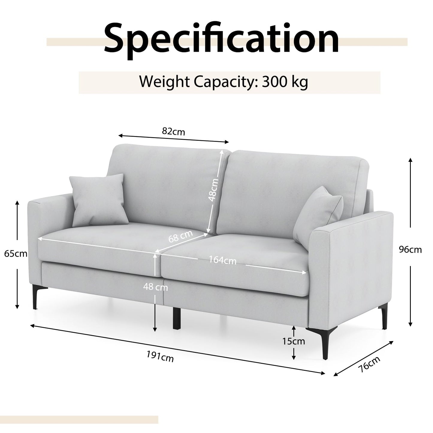 3 Seater Modern Upholstered Corner Sofa Couch with 2 Pillows and 6 Metal Legs