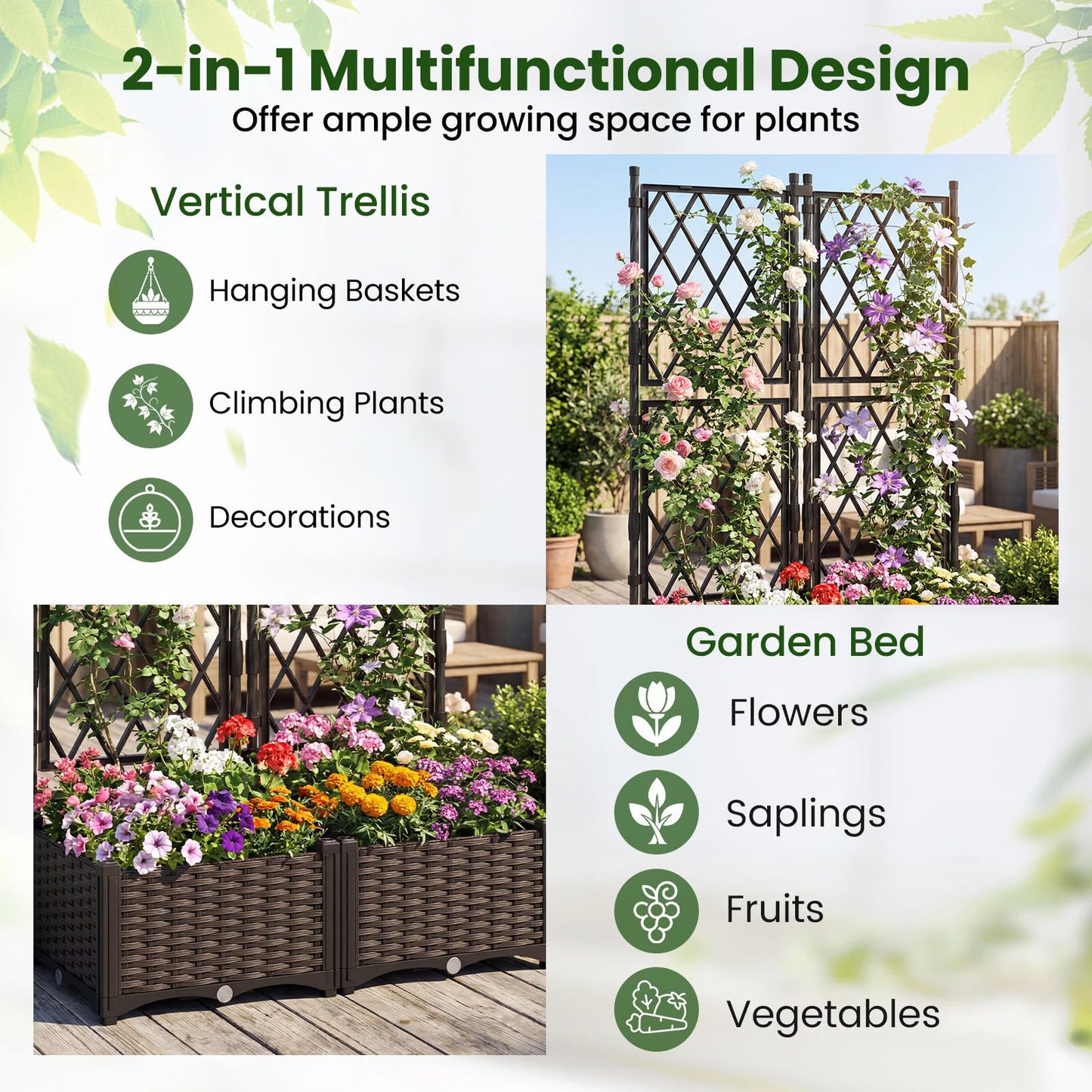 Garden Planter with Trellis, Weather-Resistant Trough Grow Box