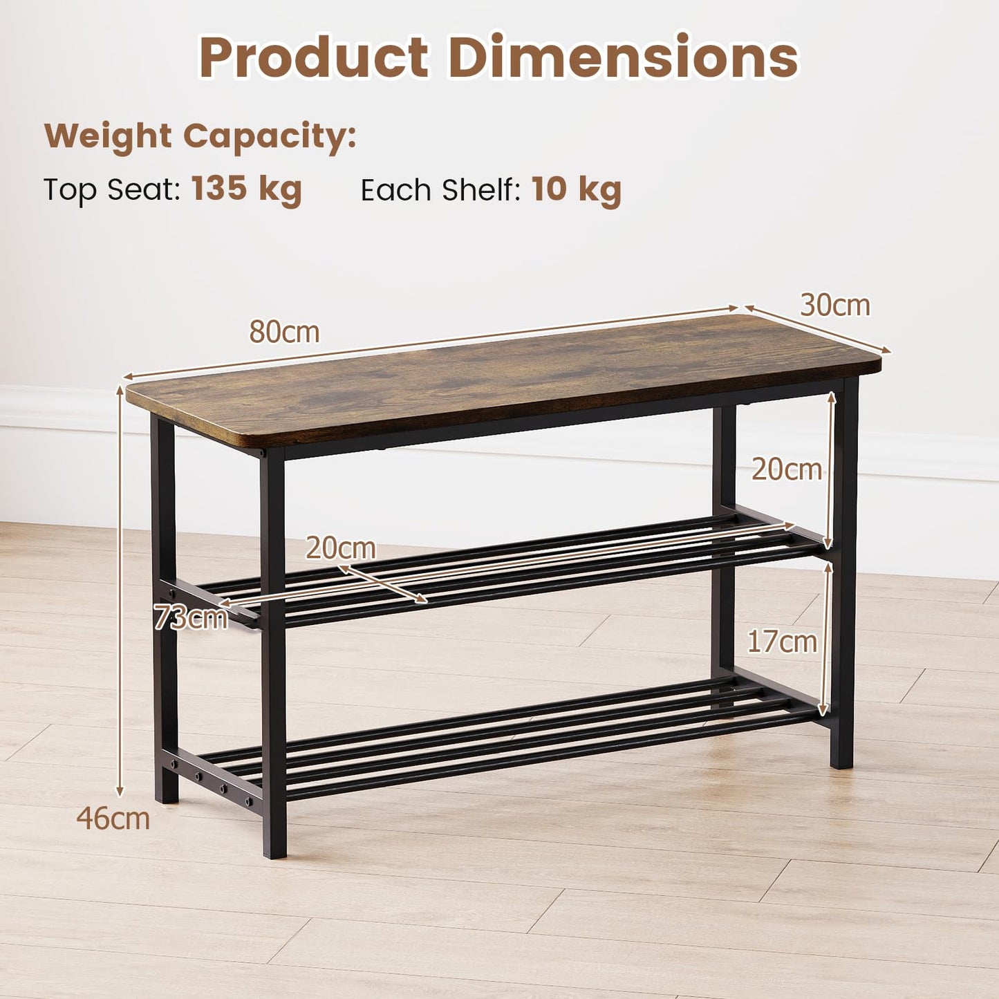 3-Tier Shoe Storage Bench with Metal Slat Shelves and Long Wooden Seat