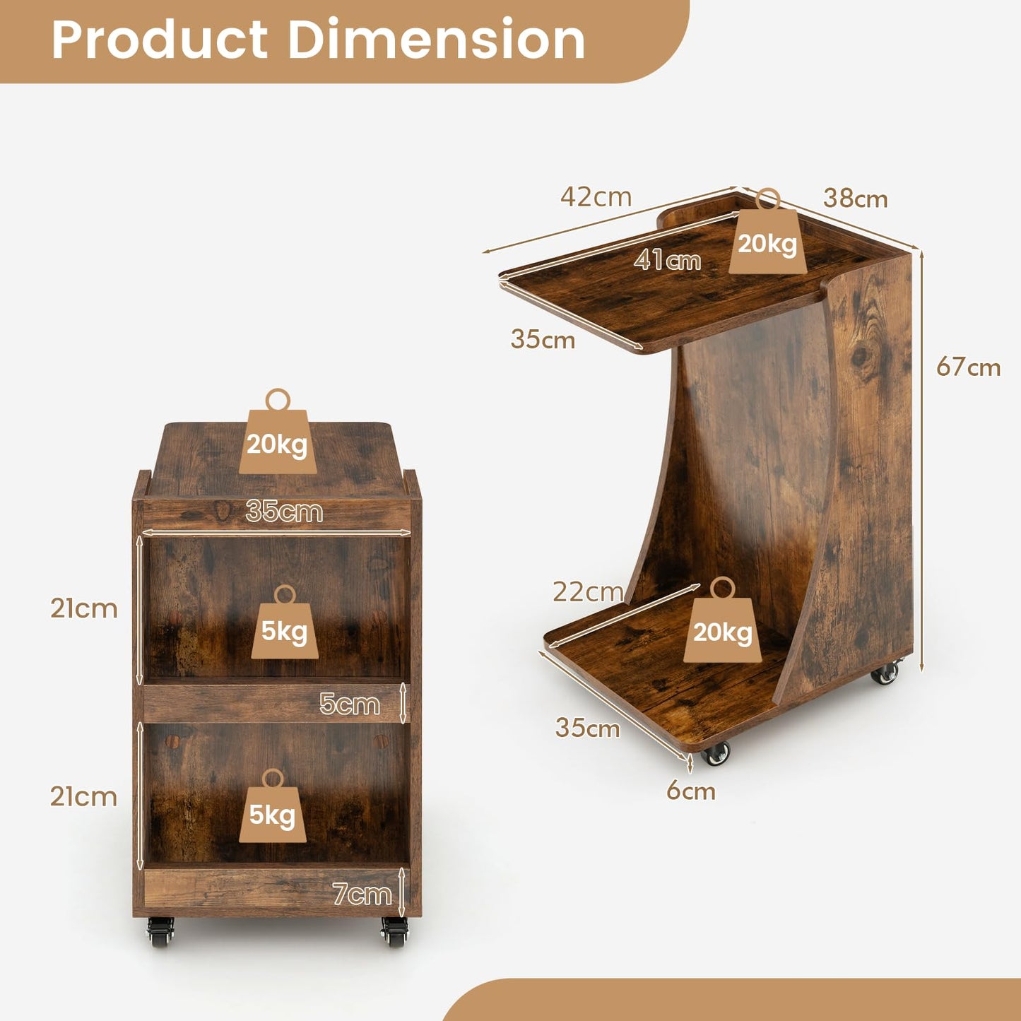 C-Shaped Side Table with Storage Shelf for Bedroom and Living Room