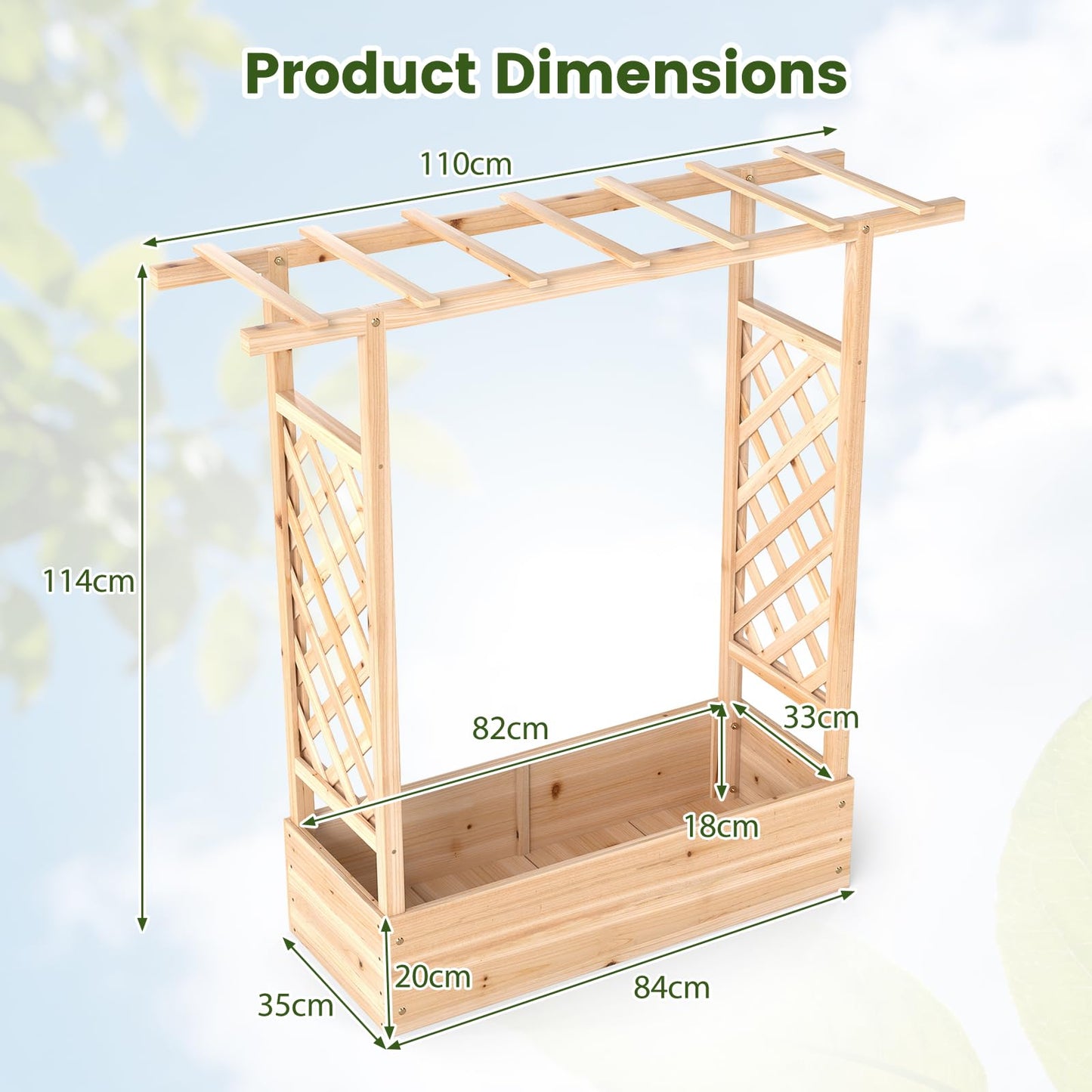 Garden Planter with Trellis, Hanging Roof and Drainage Holes