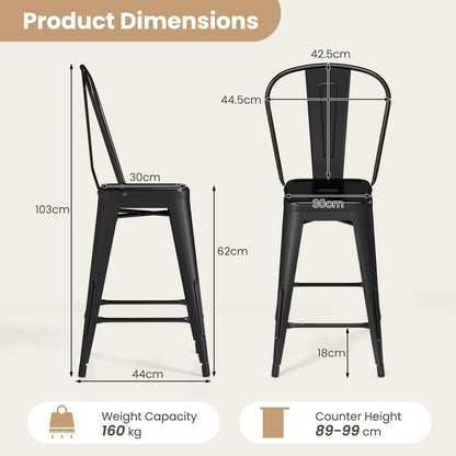 62 cm Metal Bar Stools Set of 4 with Backrests and Footrests