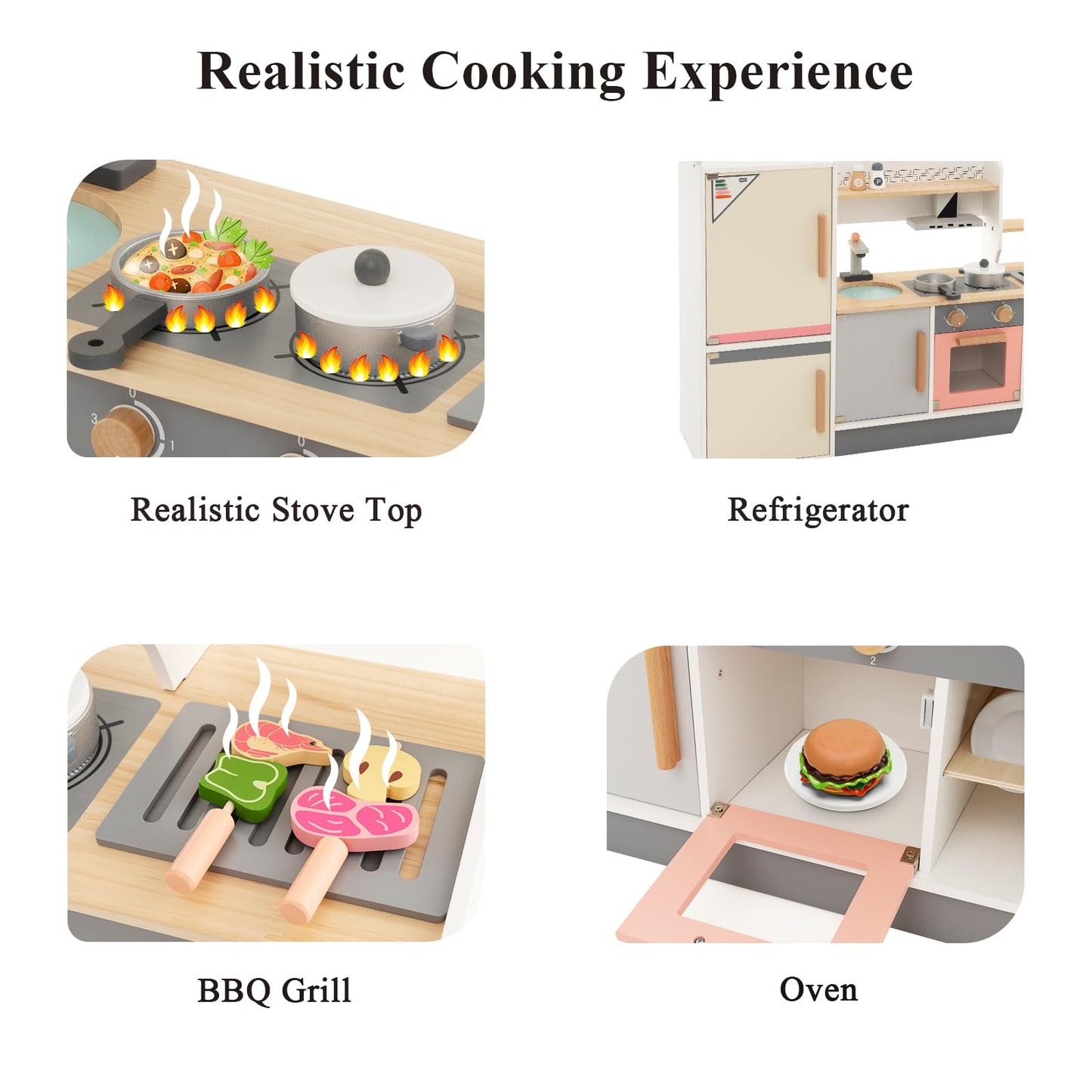 Wooden Pretend Kids Play Kitchen Set with Realistic Range Hood