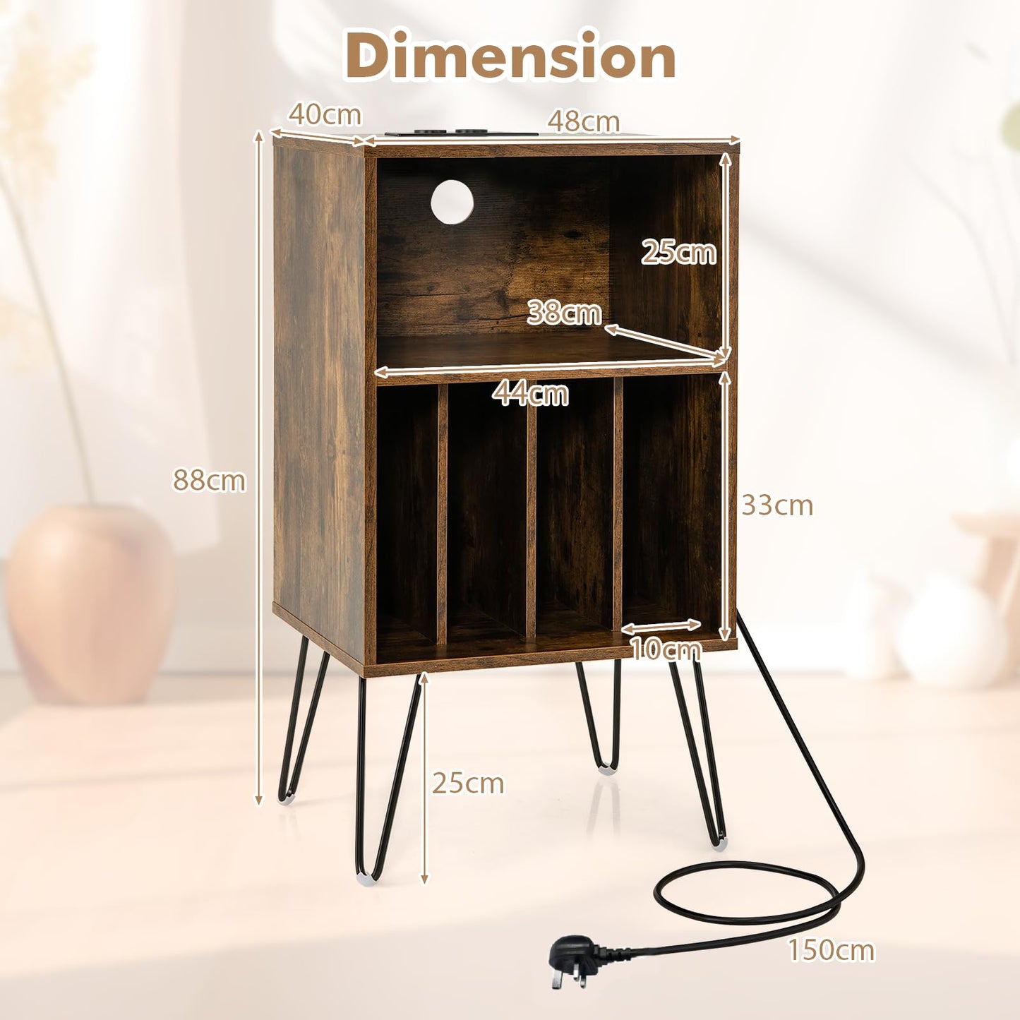3 Tier Record Player Stand with Charging Station Shelf and 4 Dividers