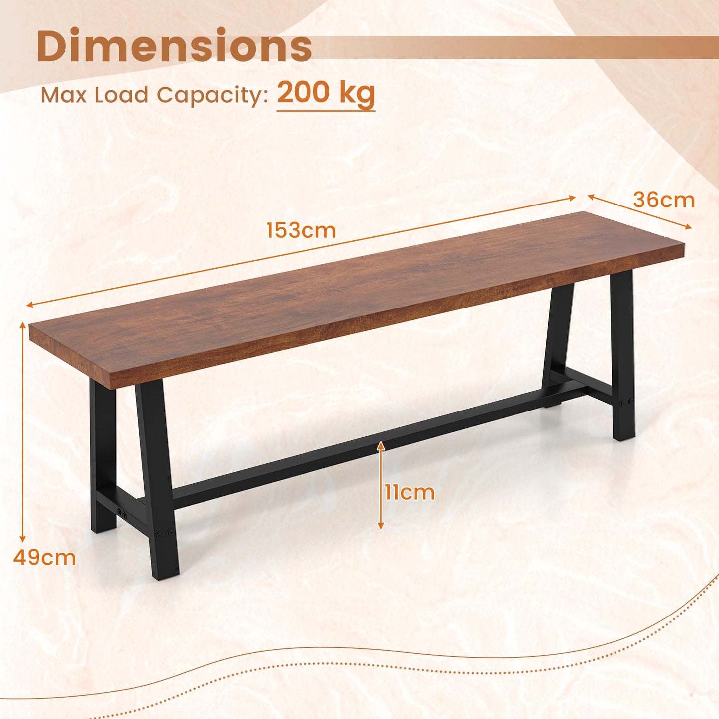 153CM Entryway Dining Bench 3 Person with Metal Frame