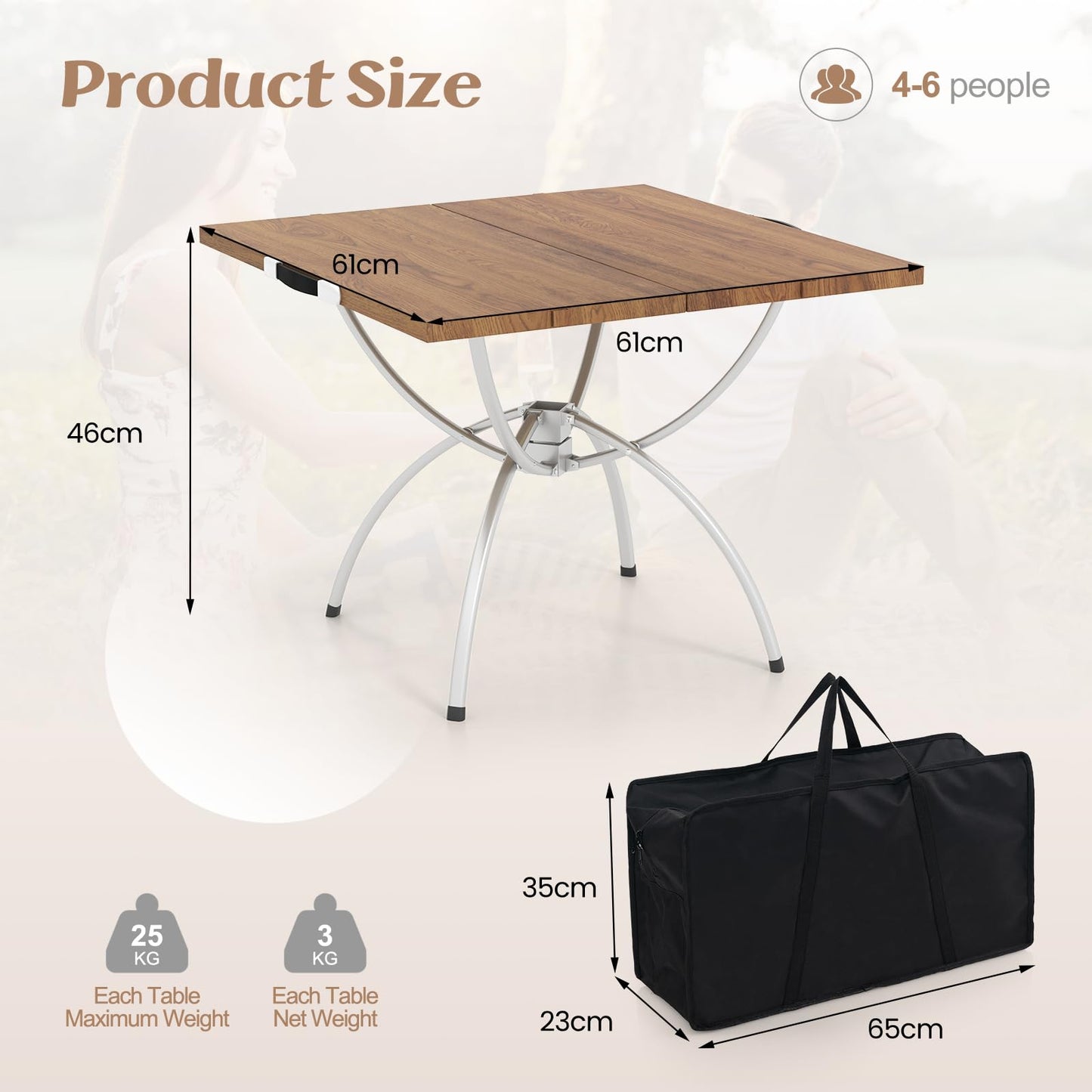 2 PCS Aluminum Foldable Picnic Table with Extendable Design