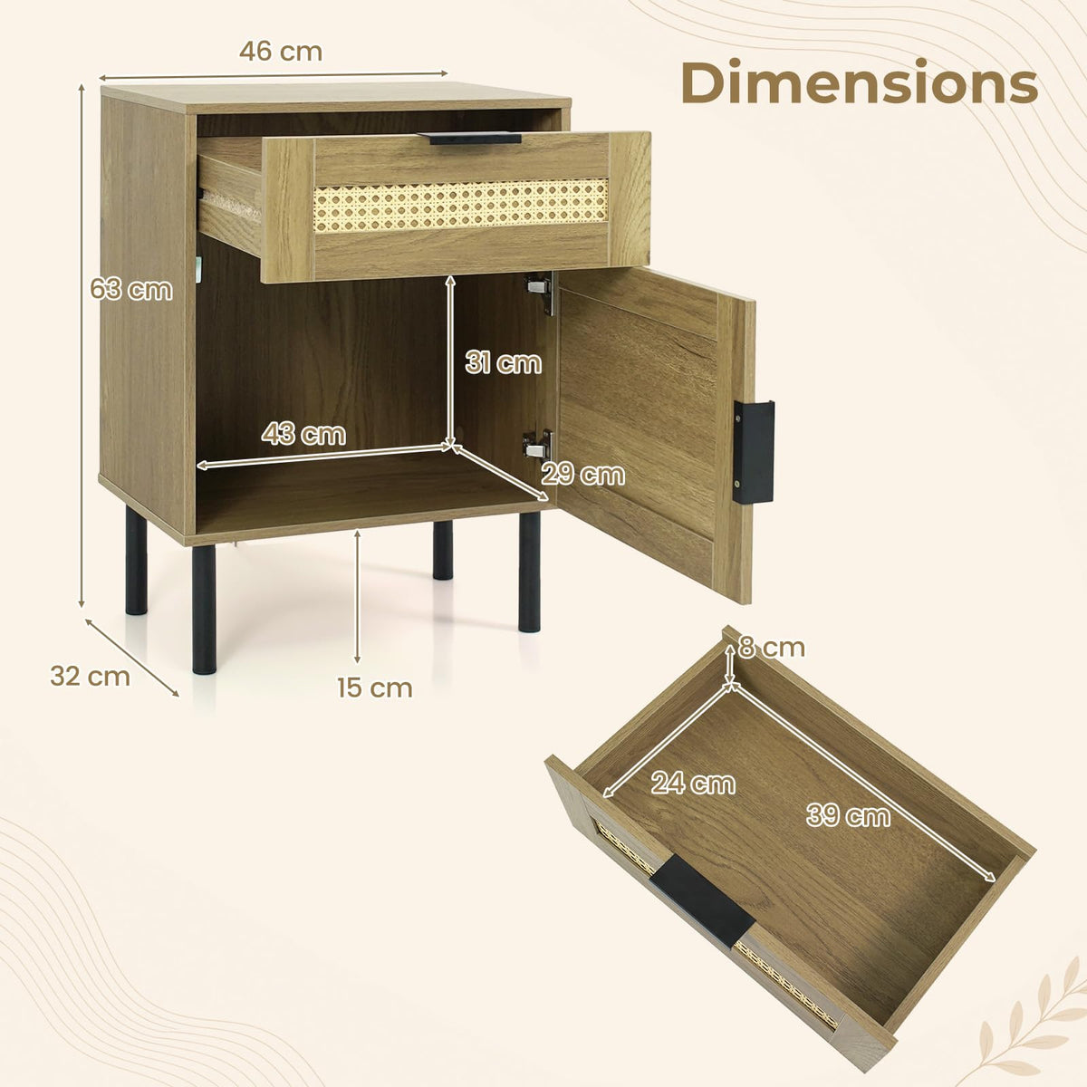 Rattan Bedside Table, End Sofa Side Table with Drawer