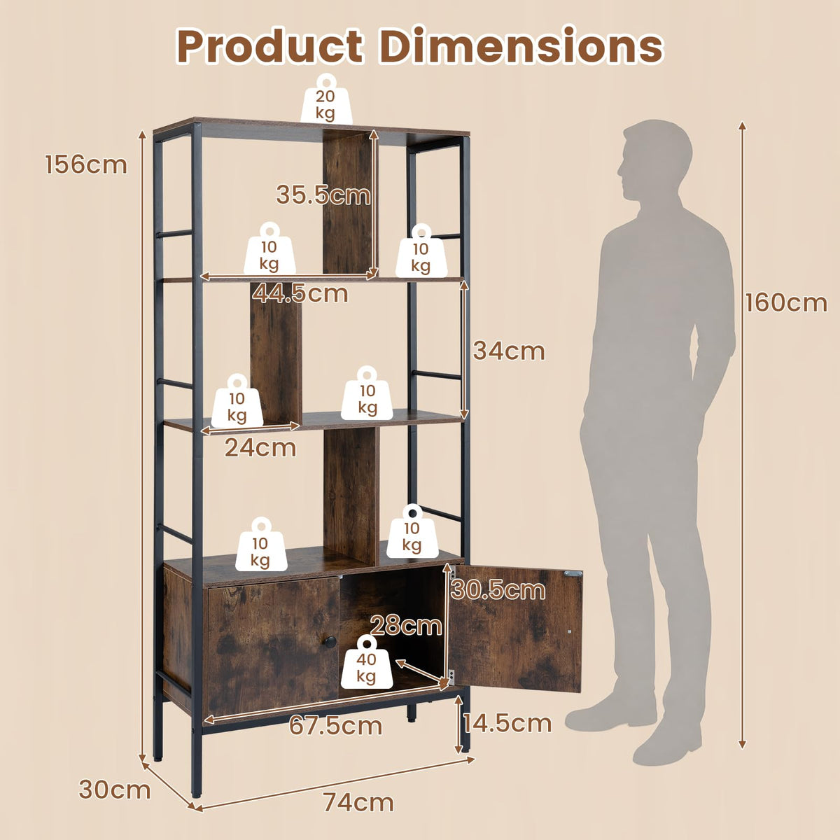 Modern Bookcase with Steel Frame 3-Tier Shelves and 2-Door Cabinet for Living Room