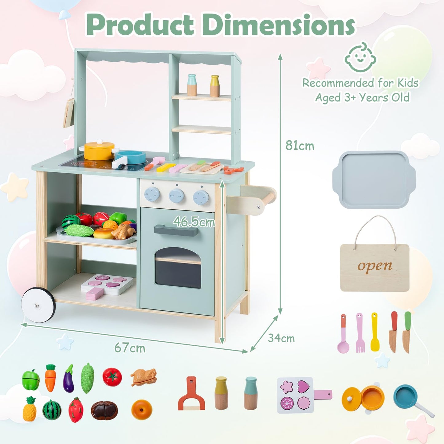 Kids Play Kitchen, Wooden Toy Kitchen with Stoves, Oven, Chalkboard