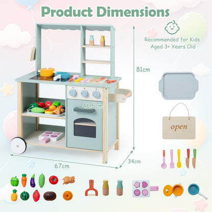 Kids Play Kitchen, Wooden Toy Kitchen with Stoves, Oven, Chalkboard