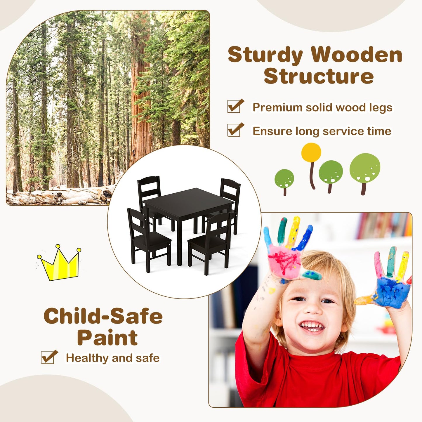 5pcs Activity Wooden Children Desk Chair Set for Preschool Girls Boys