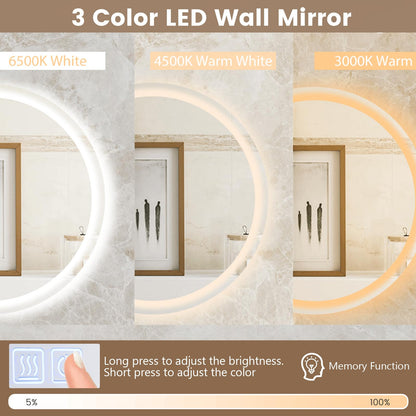 LED Bathroom Mirror with 3-Color Dimmable Lights, Time and Temp Display