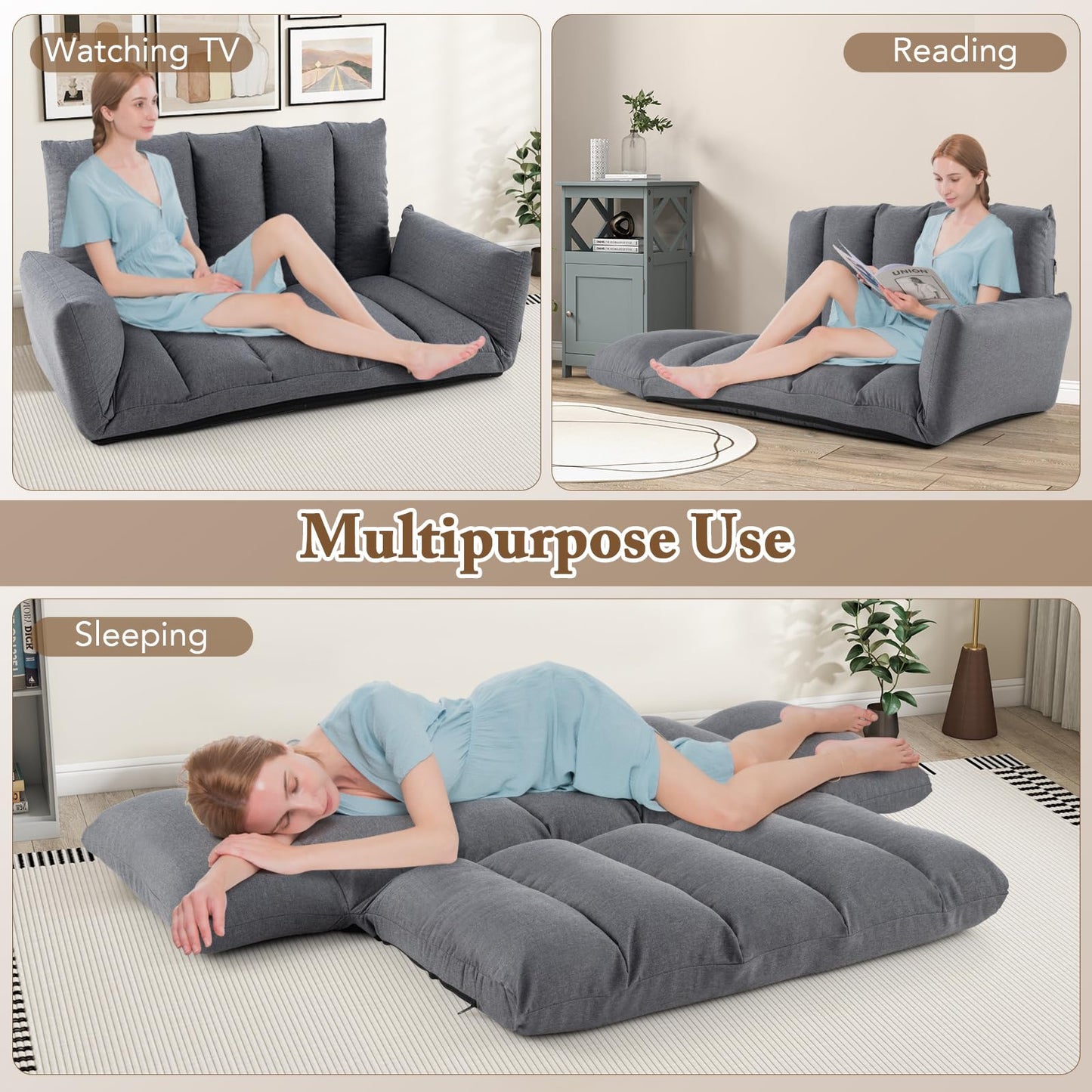 Foldable Floor Sofa with 5-Position Adjustable Backrest and Arms