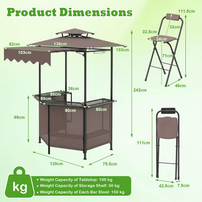 3-Piece Patio Bar Set and Outdoor BBQ Canopy with Bar Table and 2 Folding Bar Stools for Backyard