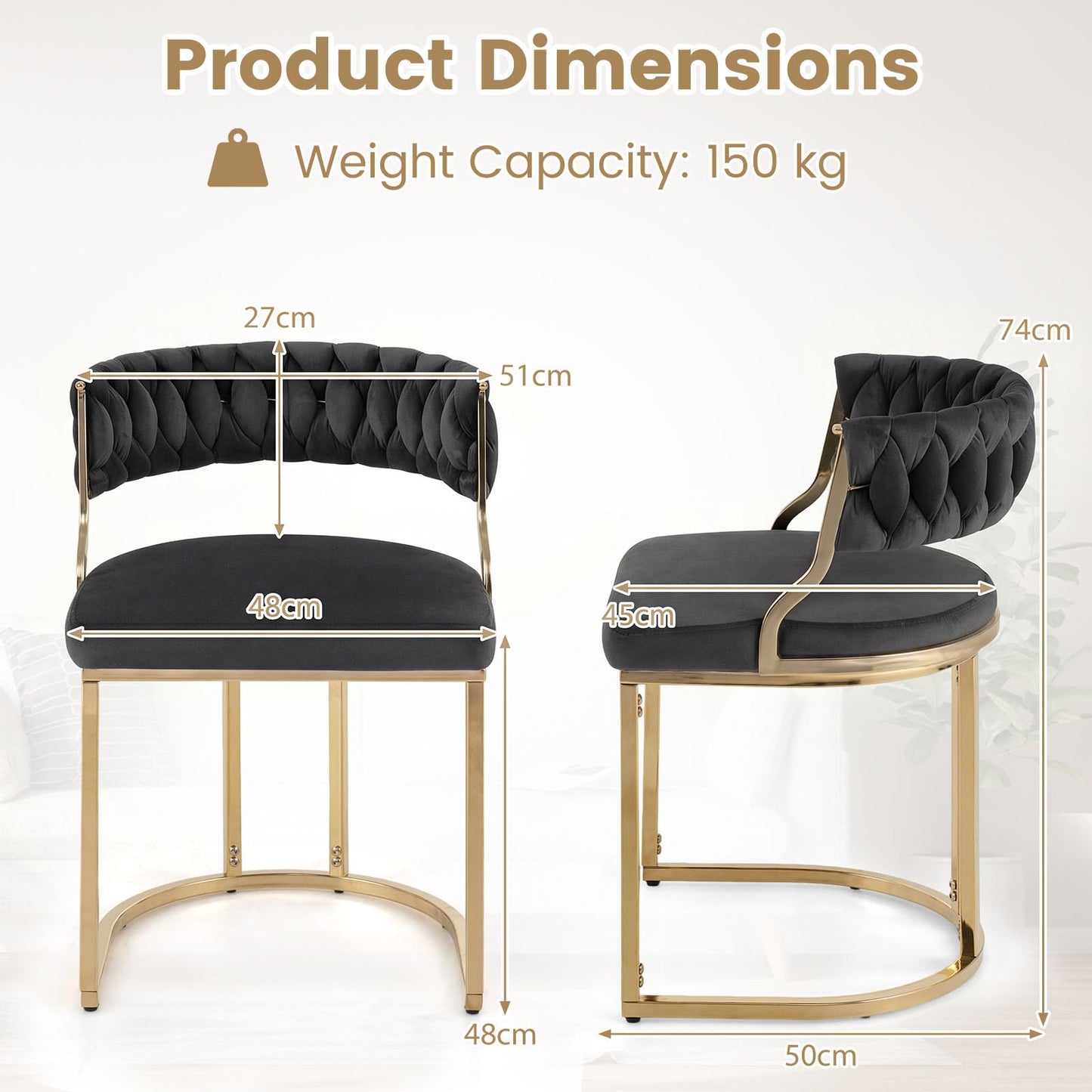 2 Pieces Velvet Dining Chairs with Curved Back and Metal Base