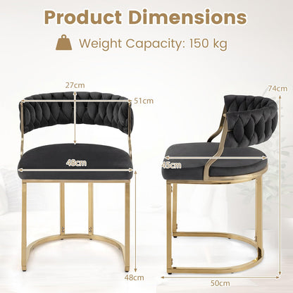 2 Pieces Velvet Dining Chairs with Curved Back and Metal Base