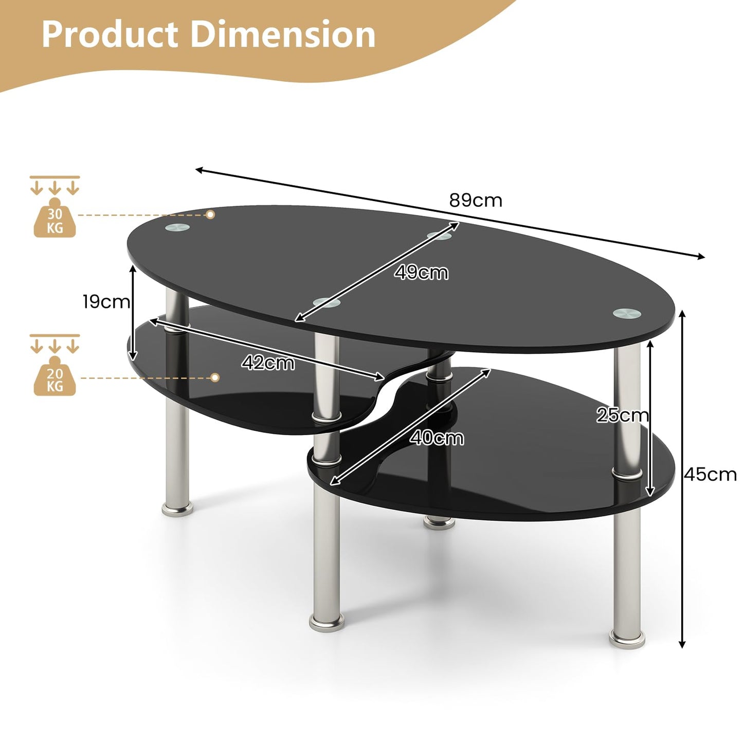 3-Tiers Tempered Glass Coffee Tables with 2 Shelves