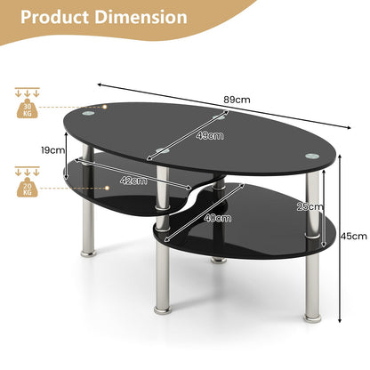 3-Tiers Tempered Glass Coffee Tables with 2 Shelves