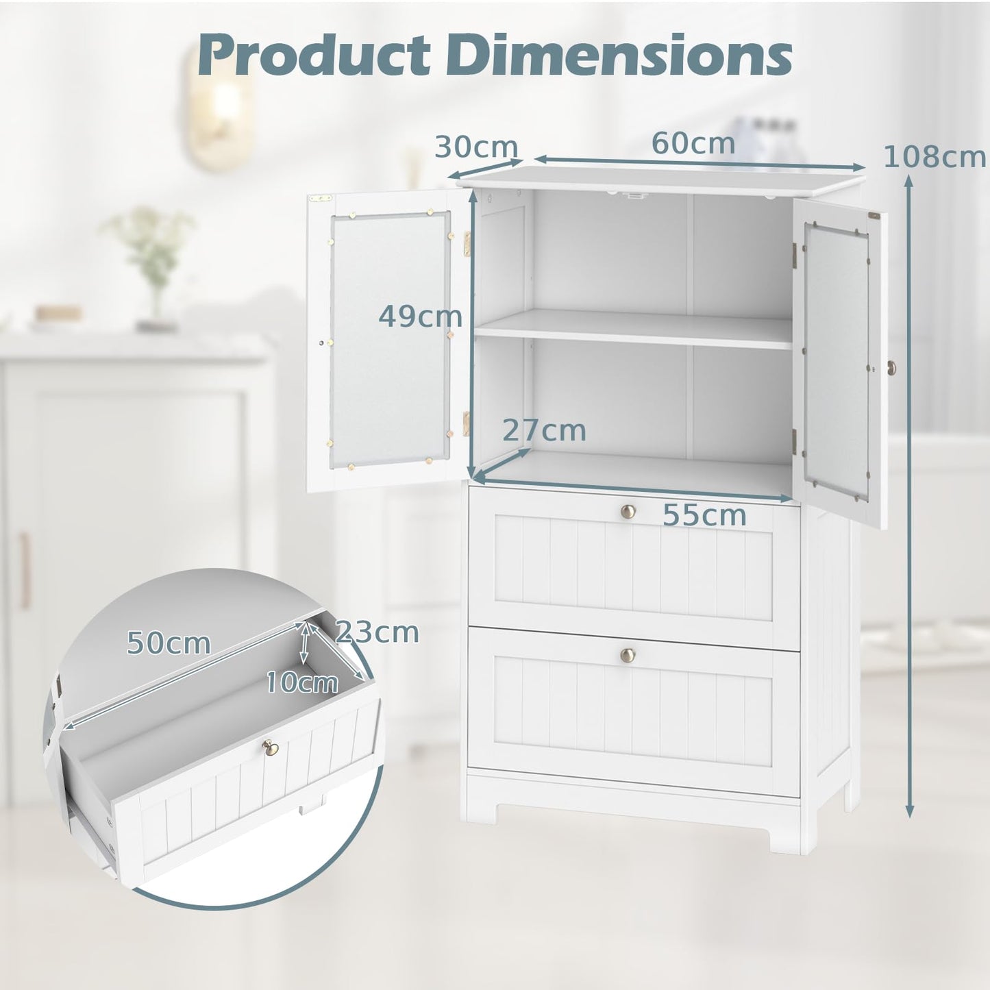 Freestanding Bathroom Storage Cabinet with 2 Frosted Tempered Glass Doors